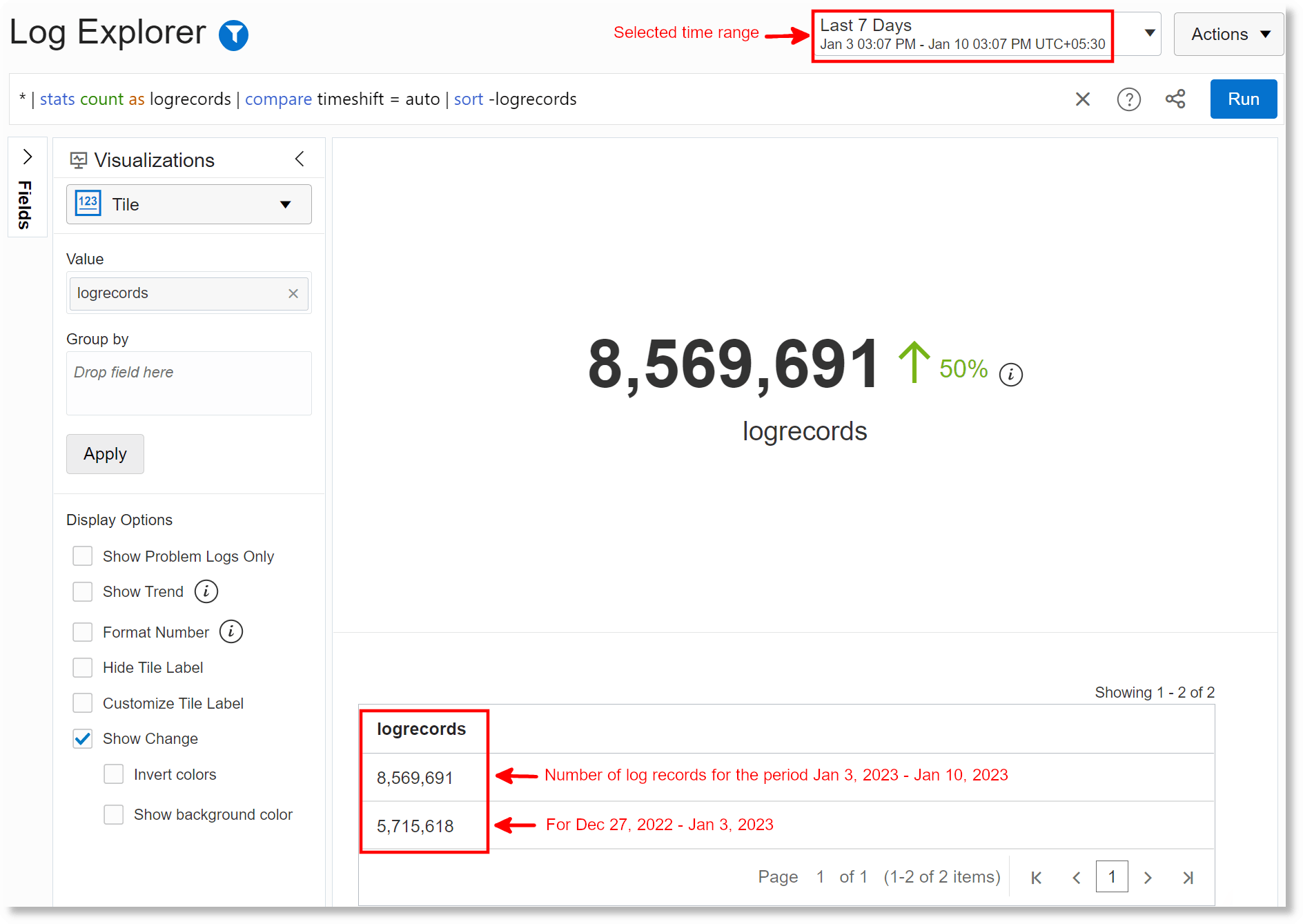 Exemplo de opção de exibição Mostrar Alteração na visualização do Bloco