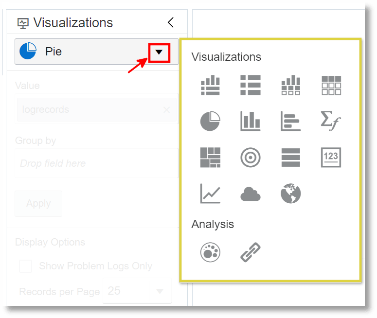 Opções de visualização no Log Explorer