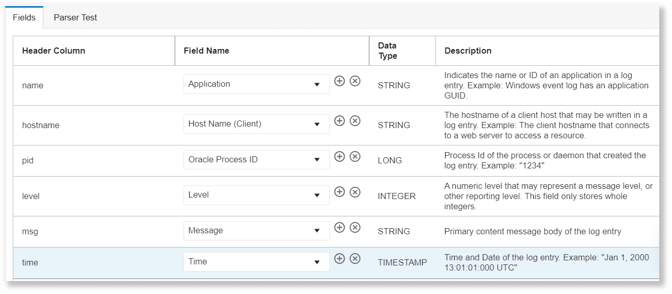The Fields tab in the delimited parser creation UI flow The Fields tab in the delimited parser creation UI flow