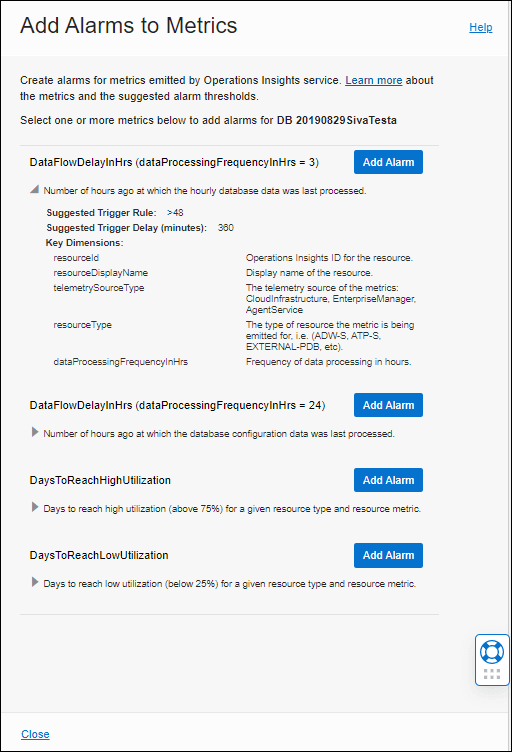 O gráfico mostra a região Adicionar Alarmes às Métricas.