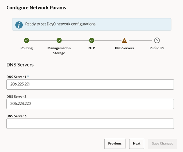 Figura mostrando a página de parâmetros de DNS do assistente de Configuração de Rede.