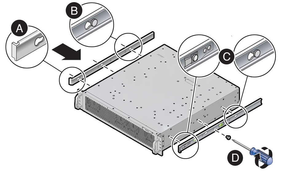 Ilustração mostrando como os slide-rails são anexados ao dispositivo.