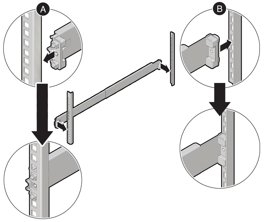 Ilustração mostrando como montar os suportes de montagem em um rack.