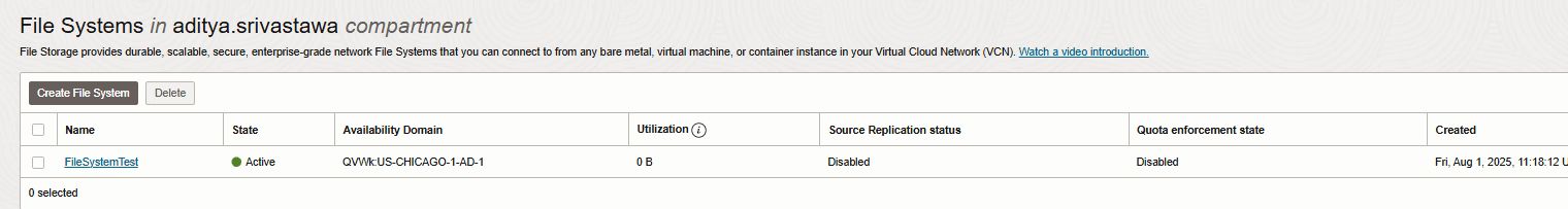 Sistema de arquivos e destino de montagem Imagem mostrando como criar um sistema de arquivos e um ponto de acesso NFS na mesma VCN ou em uma VCN pareada