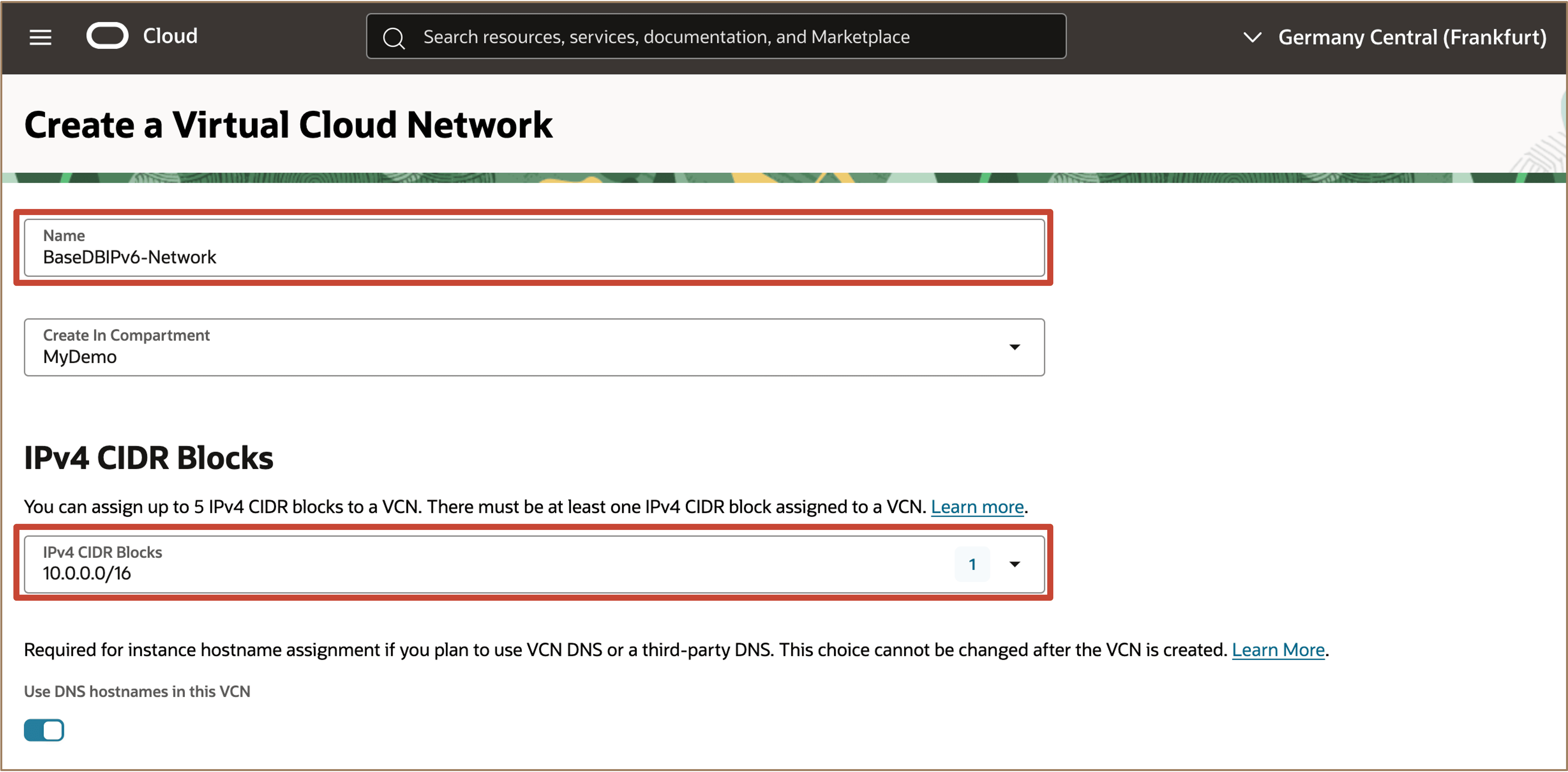Imagem mostrando a seção criar VCN até ipv4