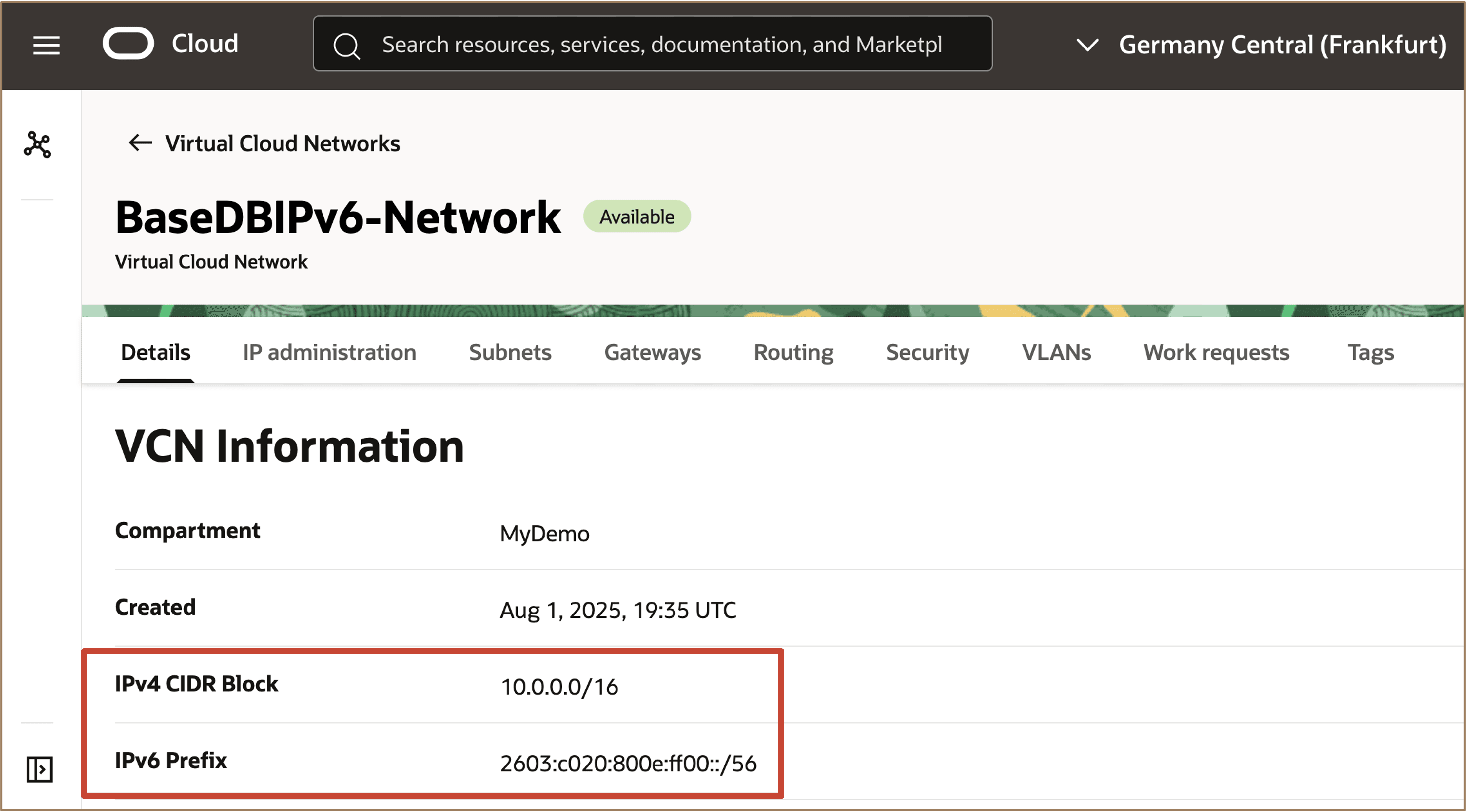 Imagem mostrando a VCN criada com IPv4 e IPv6