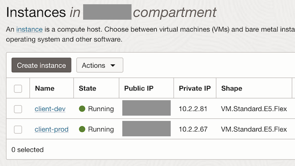 Captura de tela mostrando instâncias do serviço Compute. Captura de tela mostrando instâncias do serviço Compute.
