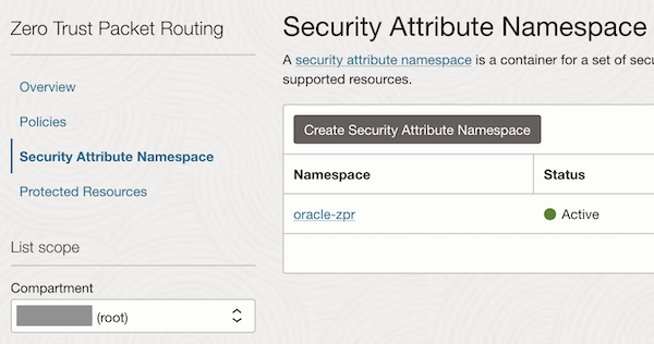 Captura de tela mostrando o namespace do atributo de segurança ZPR. Captura de tela mostrando o namespace do atributo de segurança ZPR.