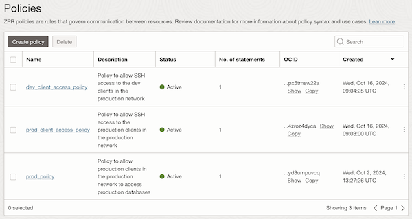Captura de tela mostrando a lista de políticas ZPR. Captura de tela mostrando a lista de políticas ZPR.