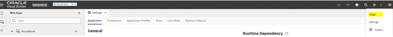 estágio do aplicativo vbcs