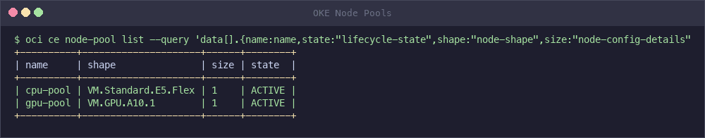 Saída da CLI do OCI mostrando cpu-pool e gpu-pool no estado ACTIVE