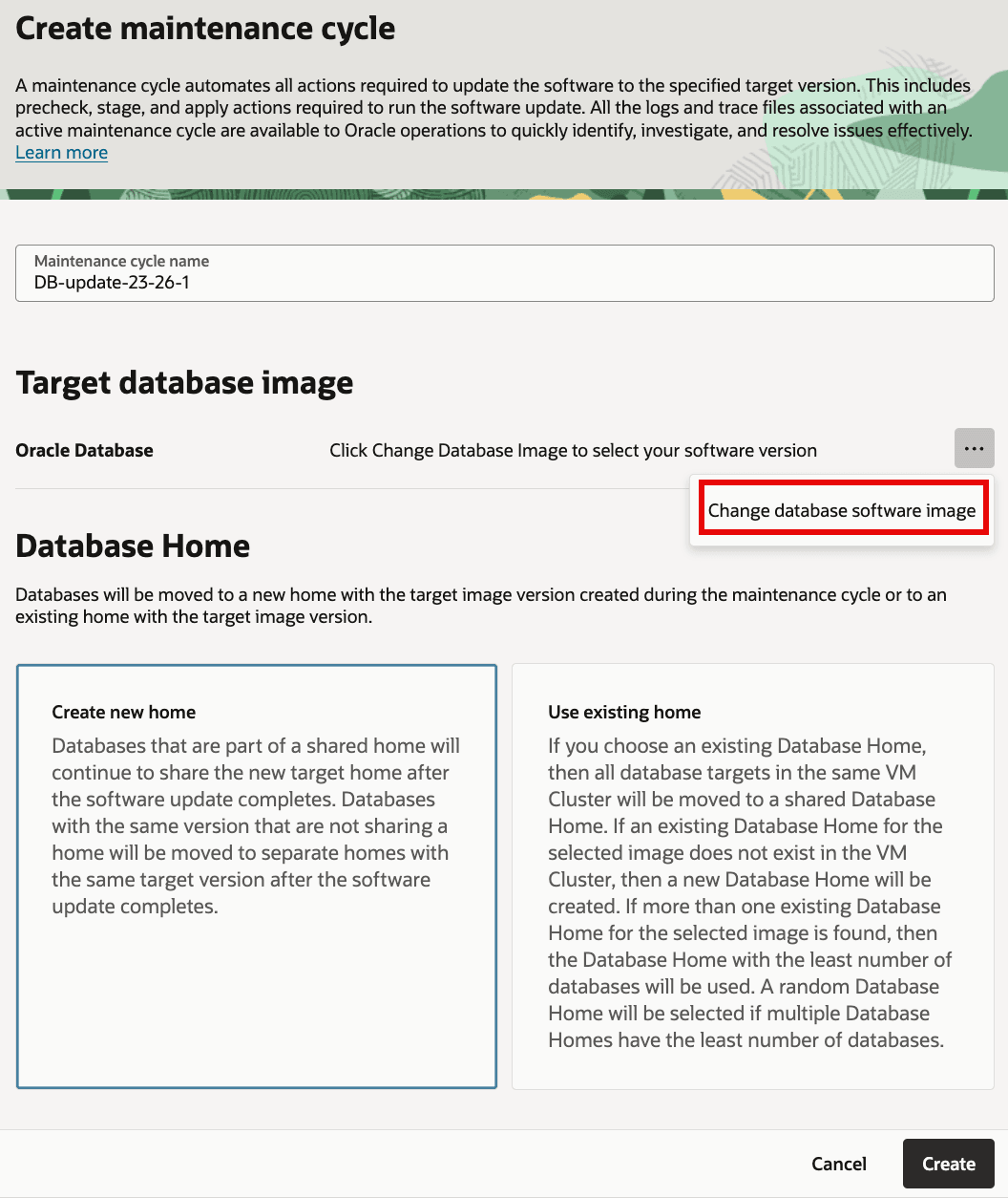 Criar form do ciclo de manutenção para uma atualização do banco de dados com a imagem Alterar software do banco de dados destacada