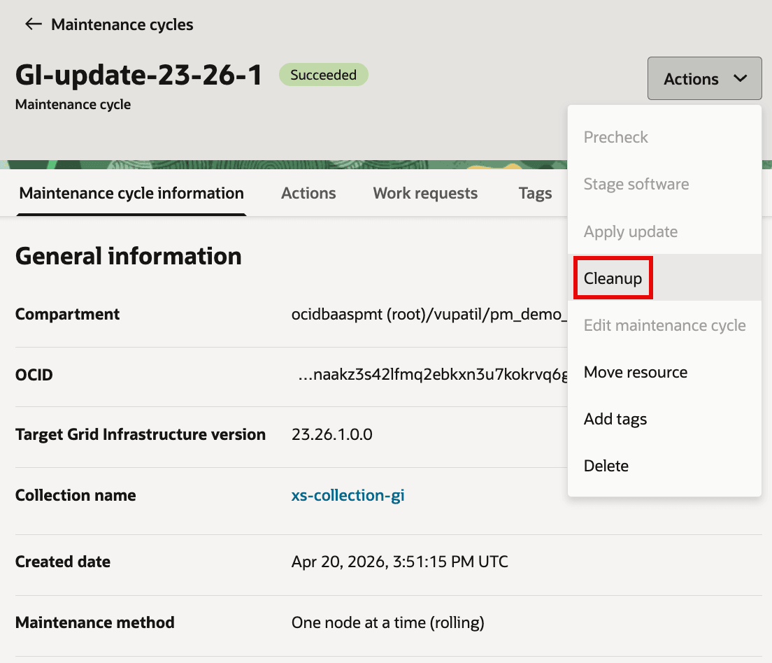Menu Ações do ciclo de manutenção do Grid Infrastructure com Limpeza disponível após a aplicação da atualização