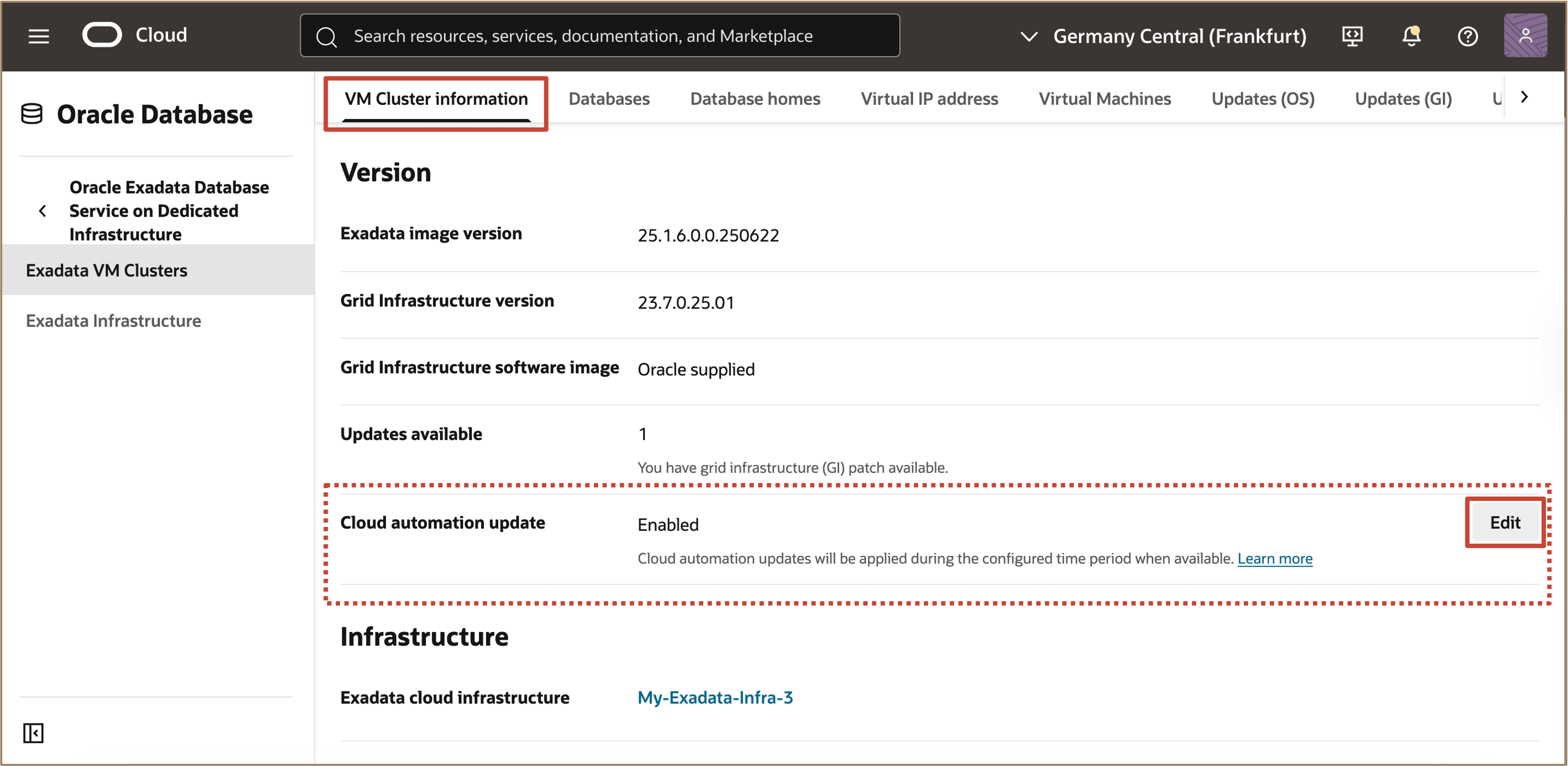 Imagem mostrando a opção Gerenciar Atualização do Cloud Automation