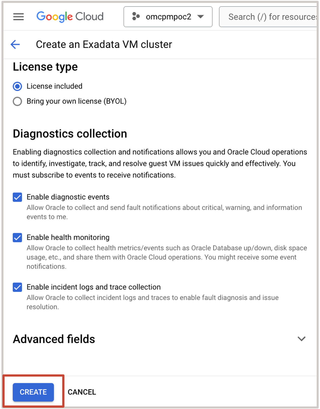 Imagem mostrando Criar cluster de VMs do Exadata 