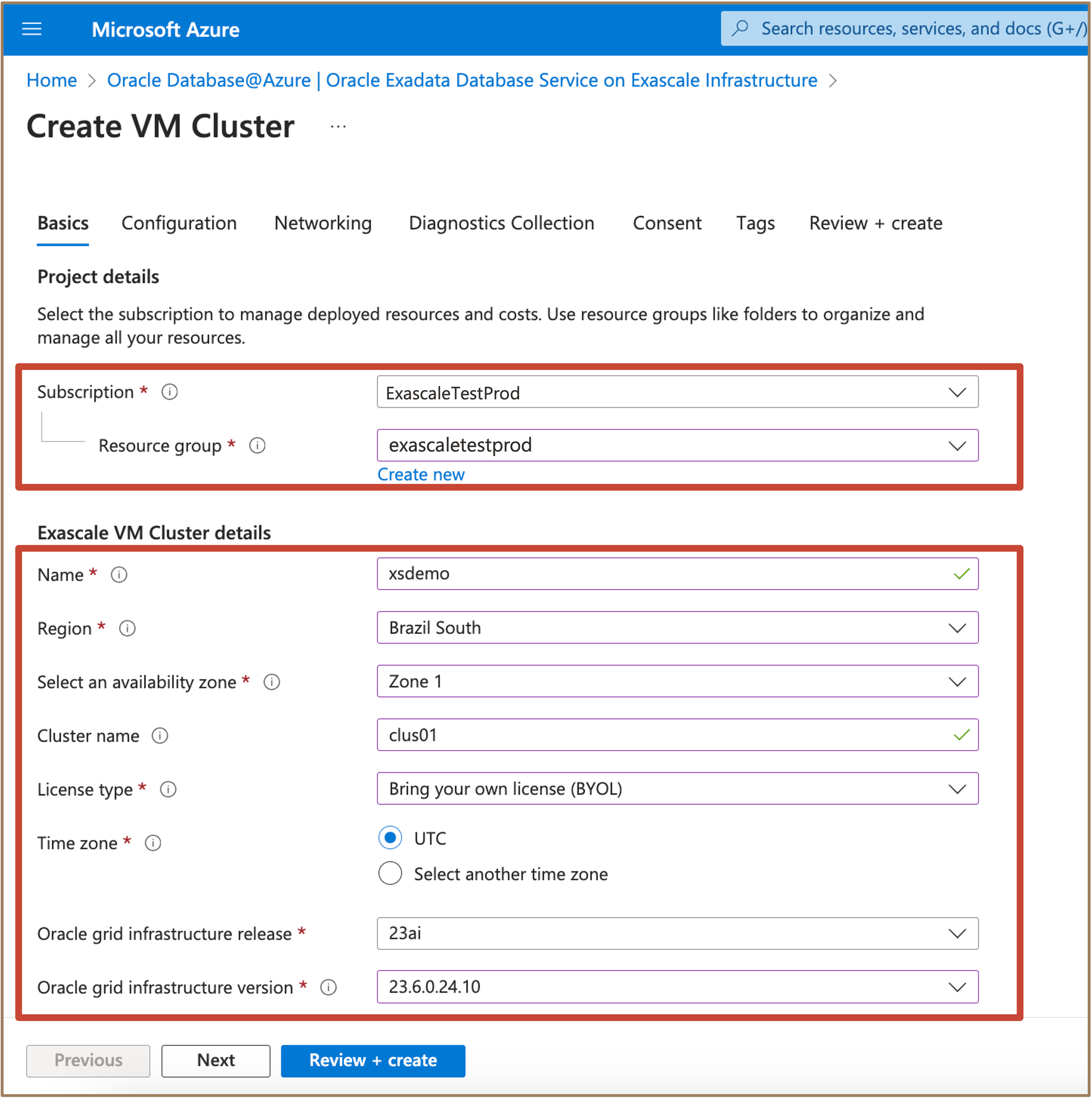 Imagem mostrando informações básicas para criar o Cluster de VMs do Exadata