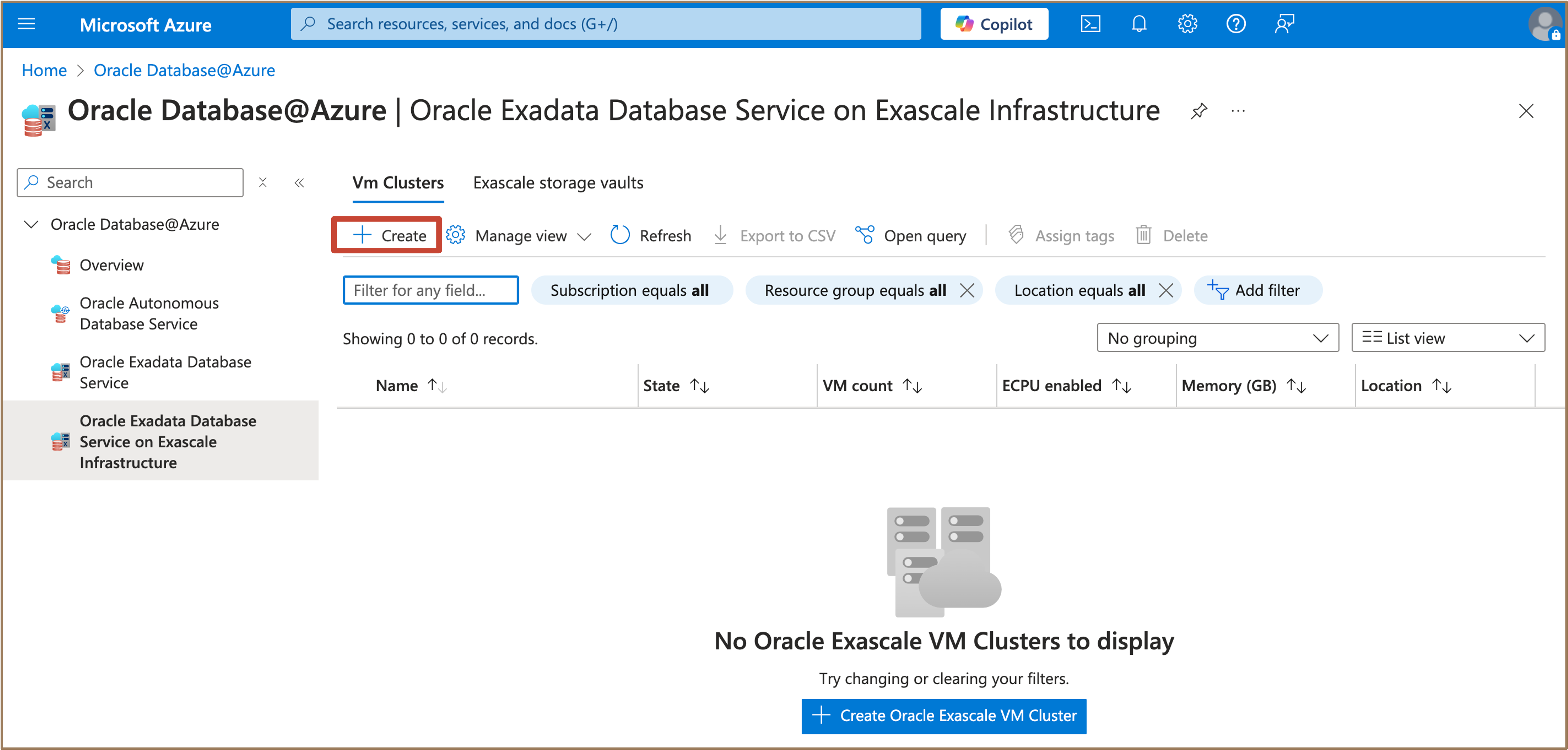 Imagem mostrando a opção para criar o Cluster de VMs do Exadata