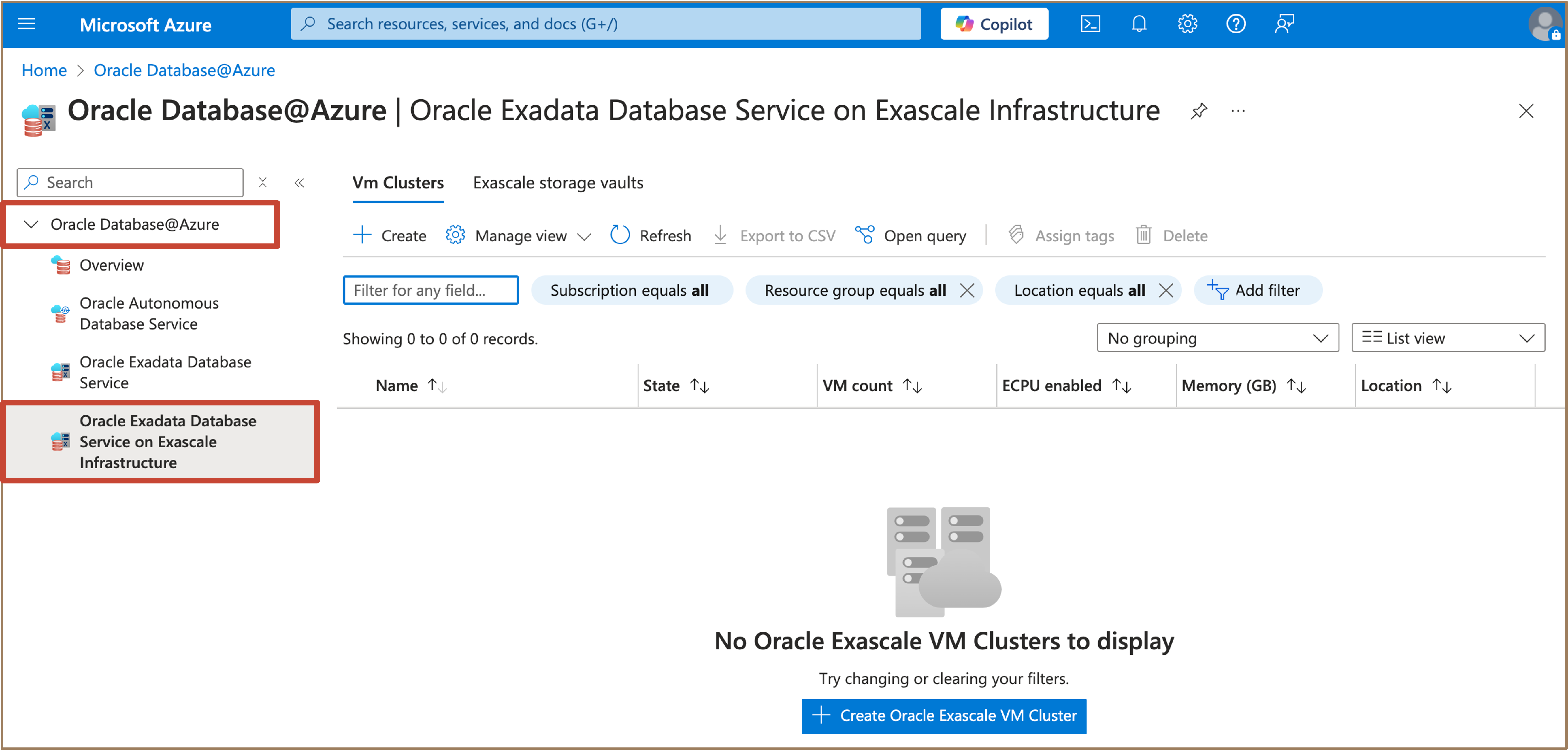 Imagem mostrando o Exadata Database Service na Infraestrutura do Exascale no Oracle Database@Azure