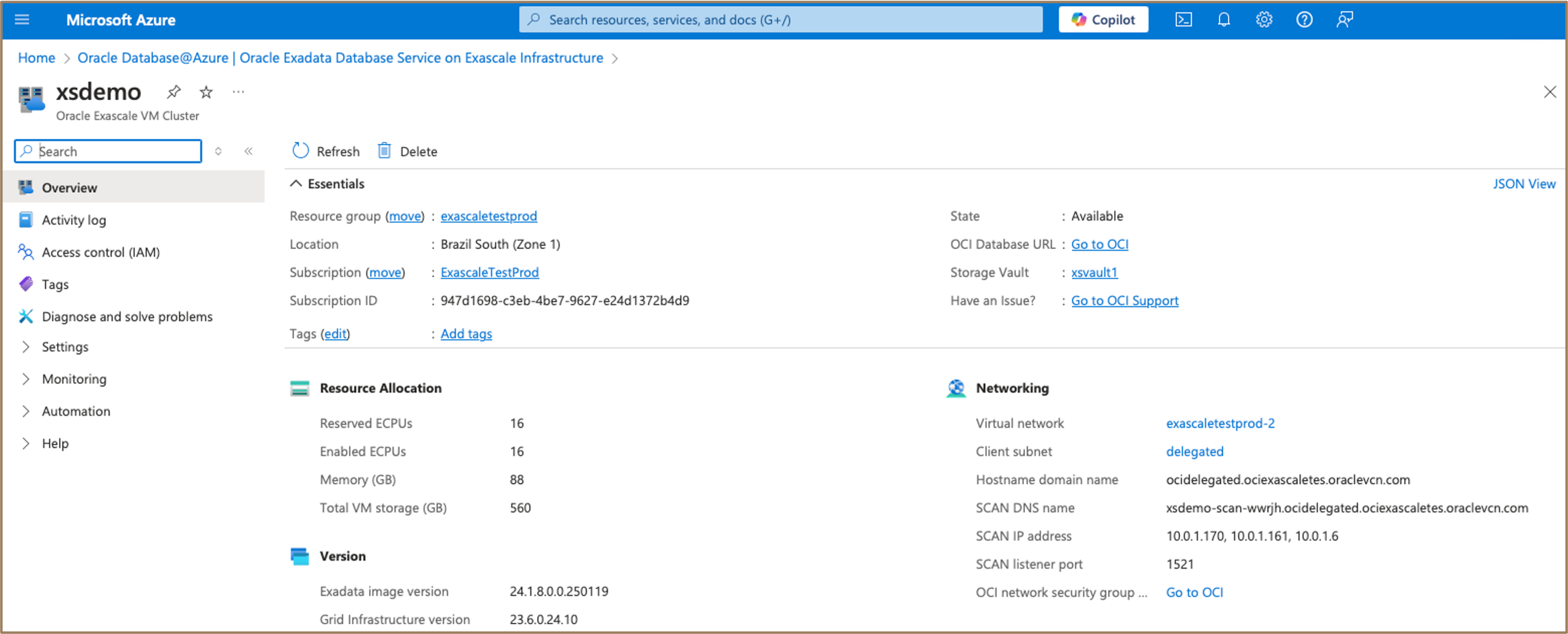 Imagem mostrando a página de detalhes do Cluster de VMs