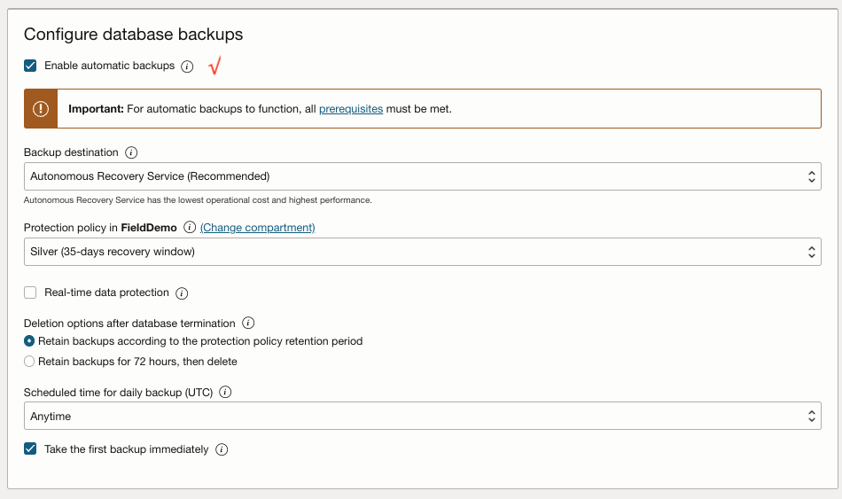 Imagem mostrando as opções de configuração de backup do banco de dados