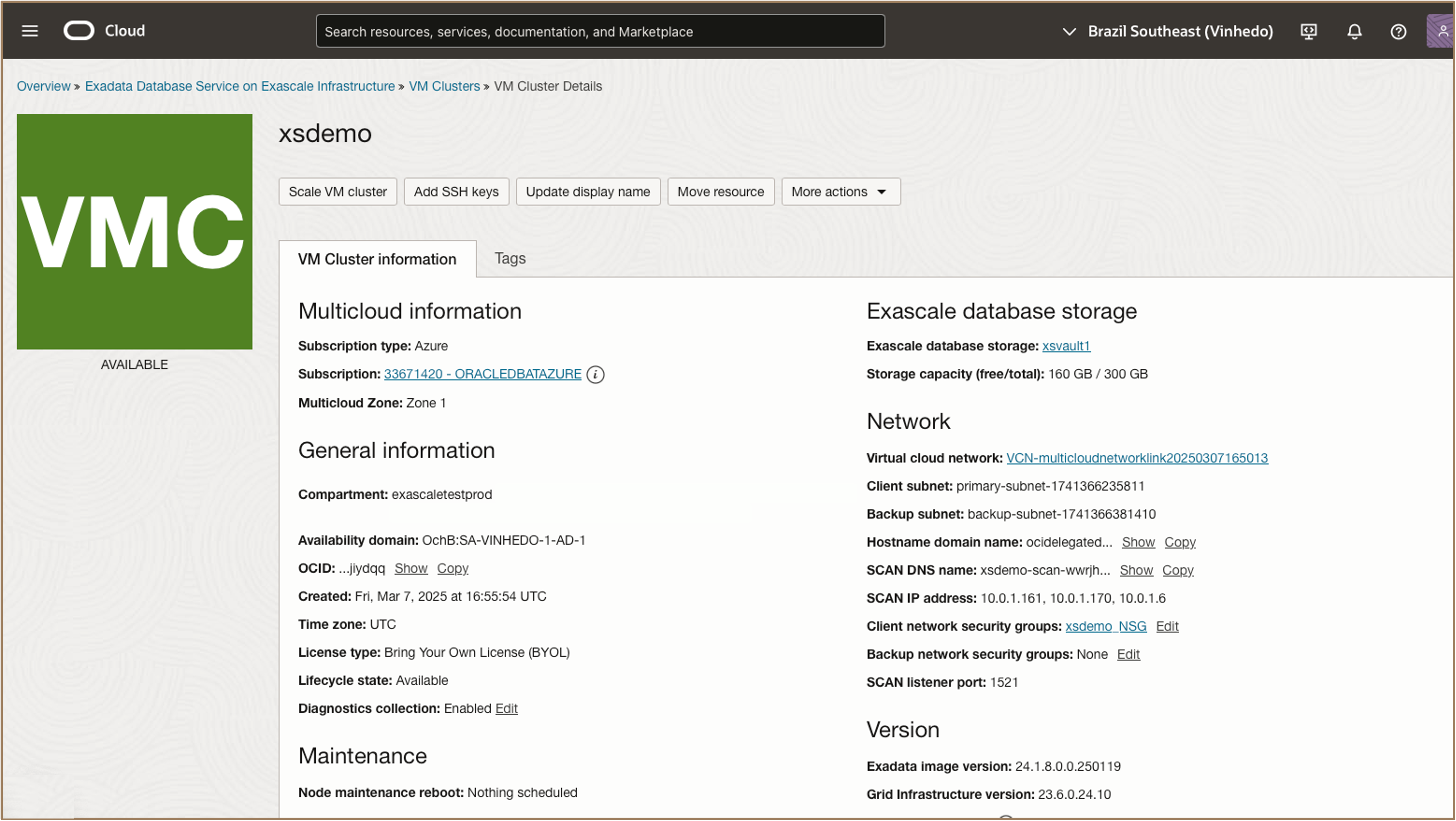 Imagem mostrando a página de detalhes do Cluster de VMs