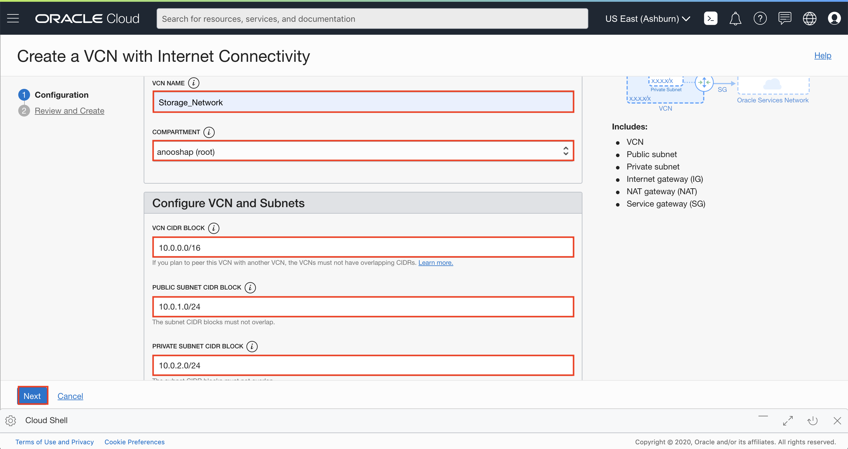 Página de Configuração da VCN