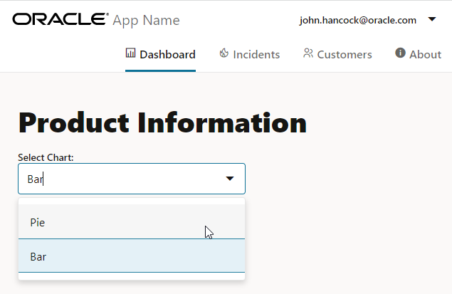 Imagem mostrando um aplicativo Web JET que renderiza um componente Selecionar Único com uma lista drop-down. Pizza e Barras são as opções da lista suspensa.