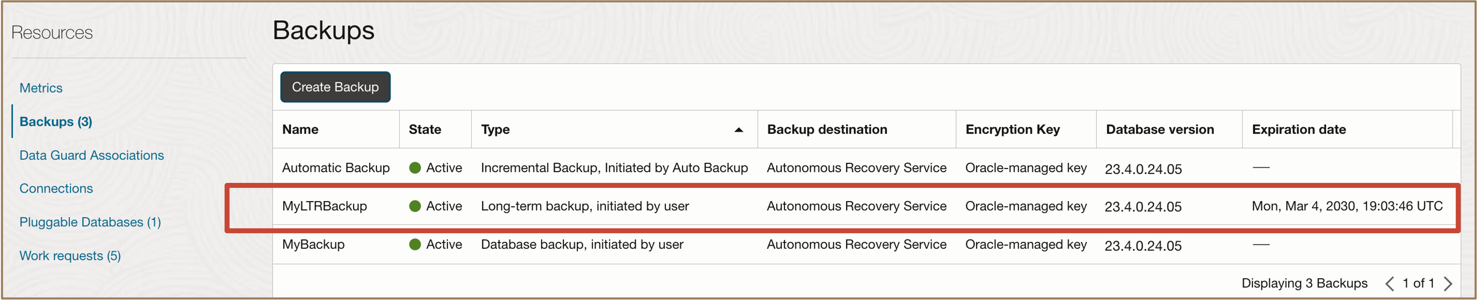 Imagem mostrando o histórico de backup com ltr