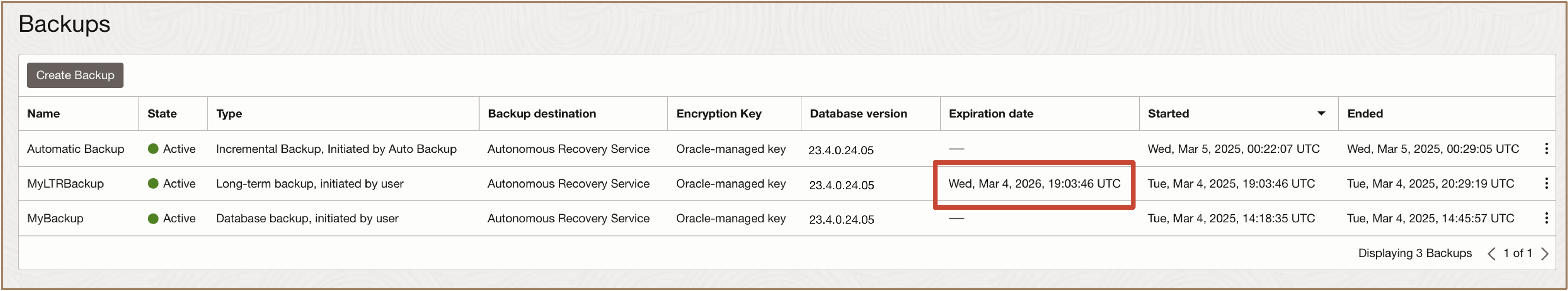 Imagem mostrando o histórico de backup com ltr