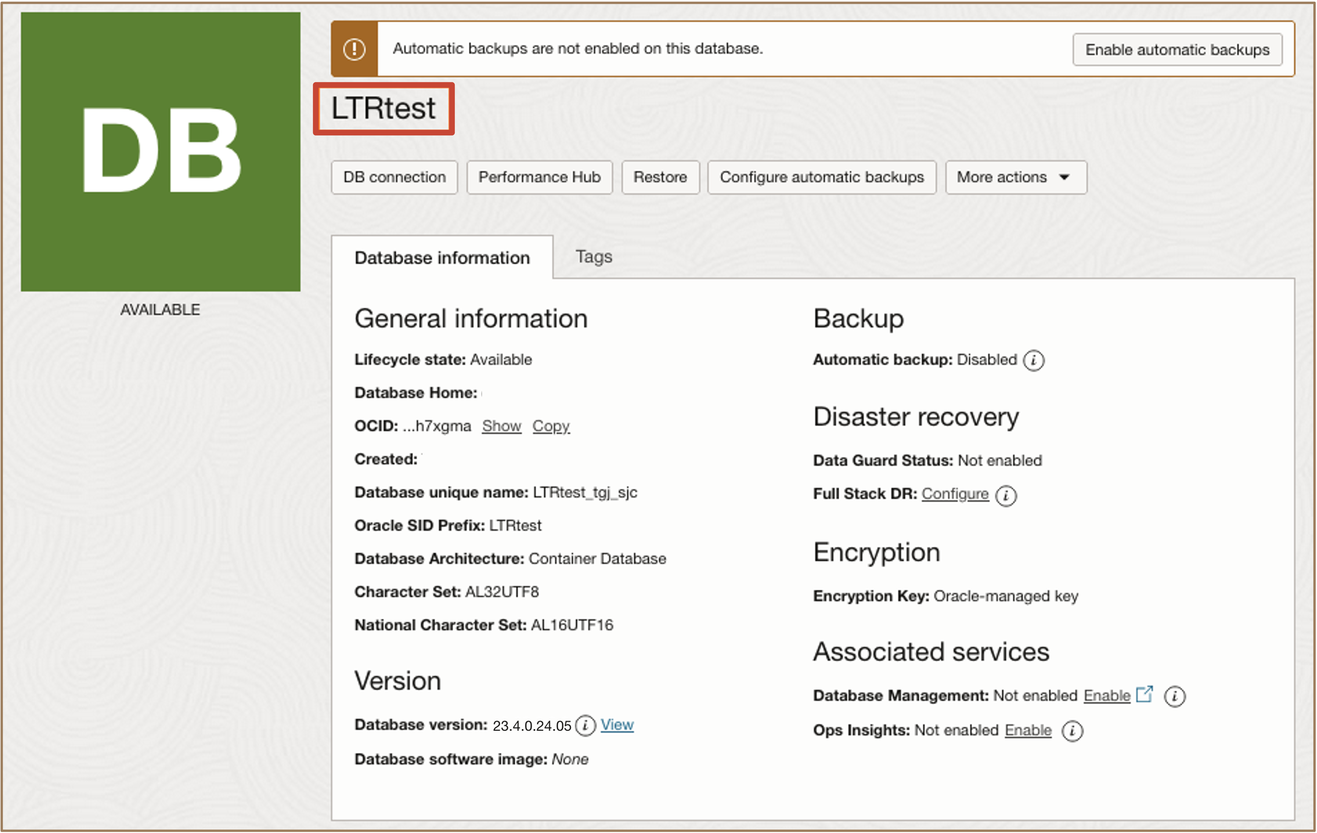 Imagem mostrando o banco de dados criado com base no backup