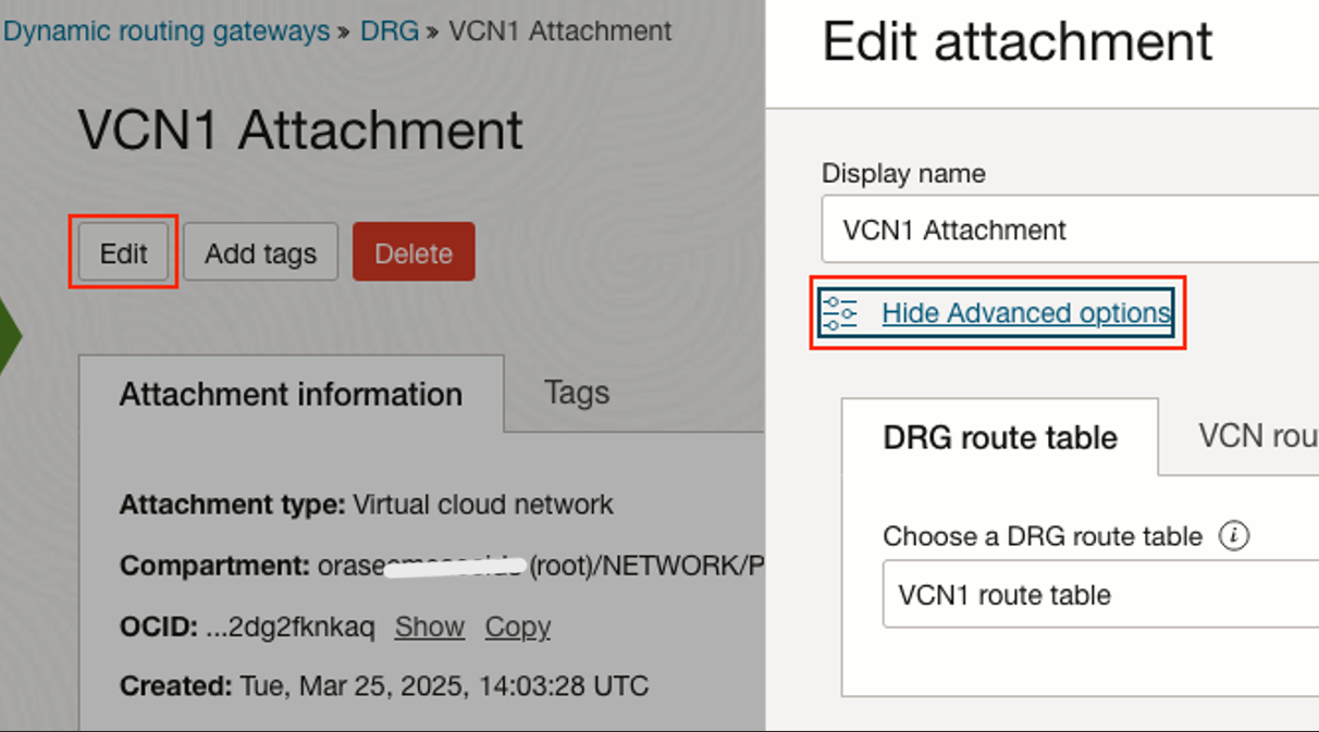Tabela de roteamento do DRG para anexo de VCN