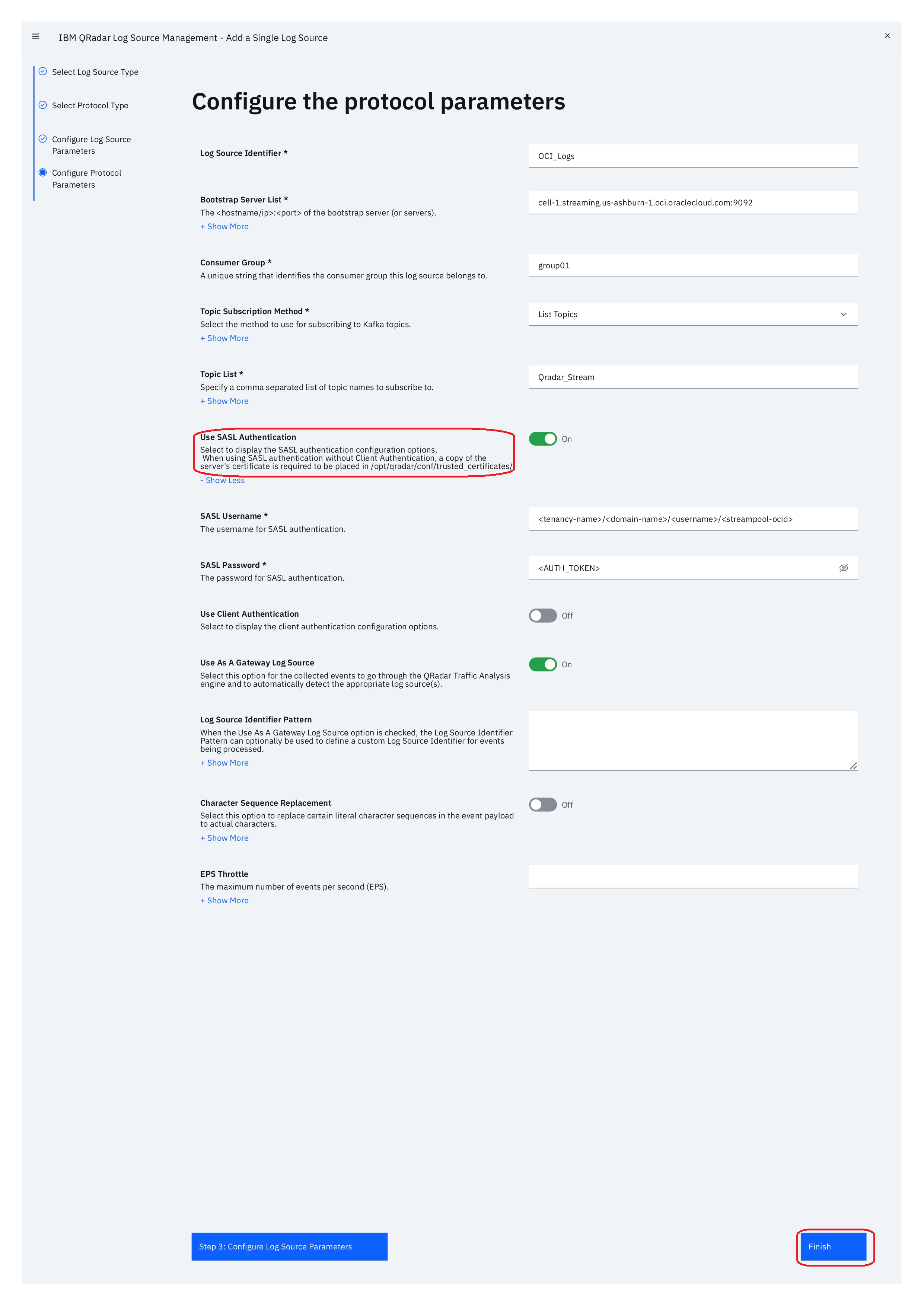 configurar parâmetros de protocolo