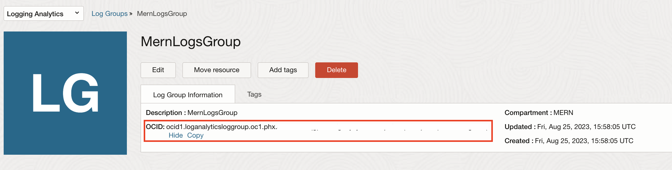 Imagem destacando um OCID de grupo de logs no OCI.