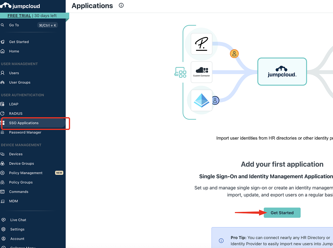 Os aplicativos da console de administração JumpCloud.