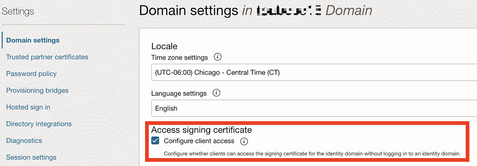 Configurar acesso do cliente na página Definições do Domínio.