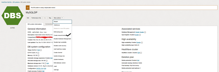 Imagem mostrando como criar backup manual na console do OCI