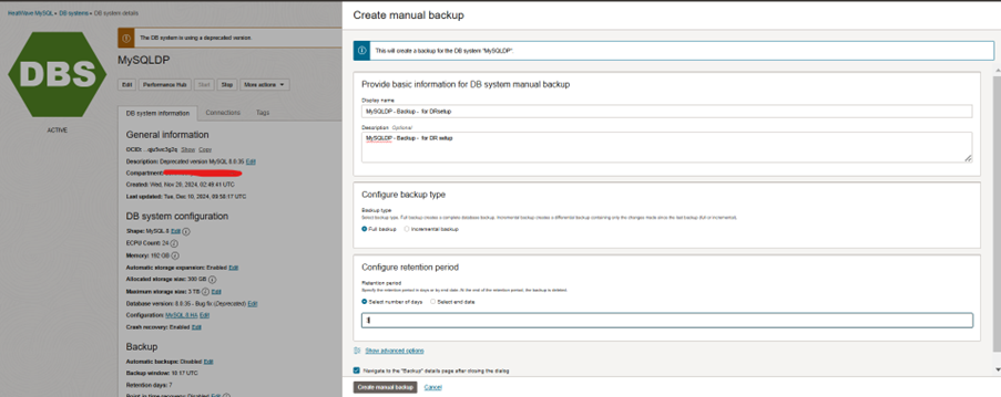 Imagem mostrando como criar backup manual na console do OCI