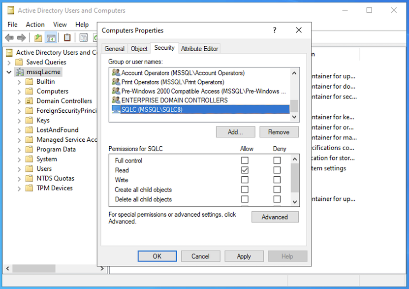 Grupos de disponibilidade Sempre Ativados AD Cluster Computer Object Advanced Settings