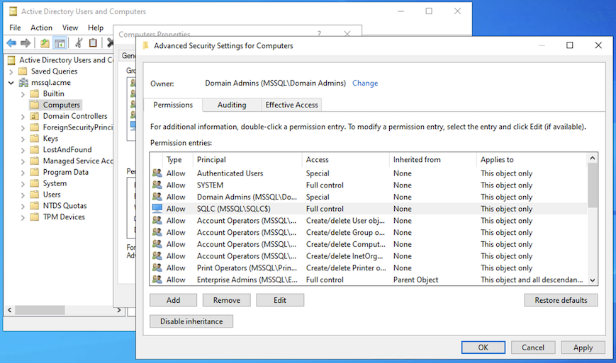 Grupos de disponibilidade sempre ativos AD Back at Advanced Security Settings for Computers