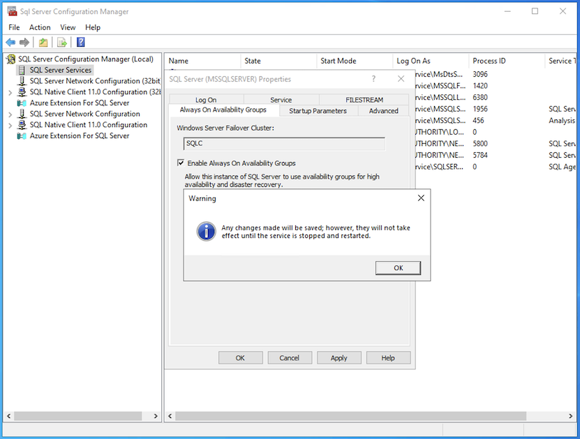 Grupos de disponibilidade Sempre Ativados Reiniciar Mensagem de Serviço