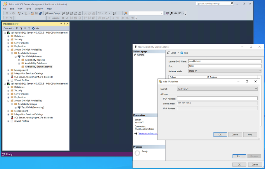 Grupos de disponibilidade Sempre Ativos - IPs do Listener