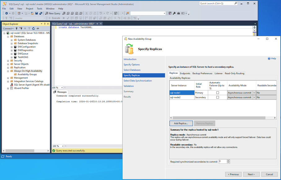 Grupos de disponibilidade Sempre Ativados Novas Réplicas Selecionadas AG