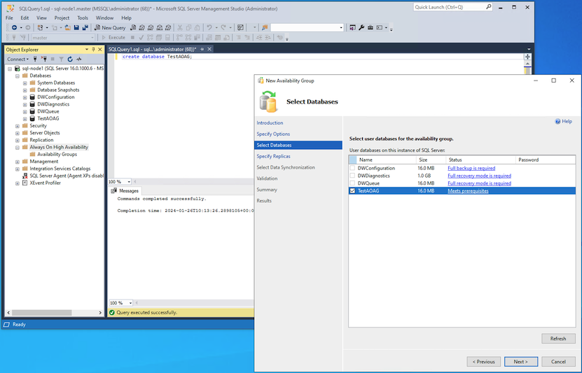 Grupos de disponibilidade Sempre Ativados Novo AG Selecionar Banco de Dados