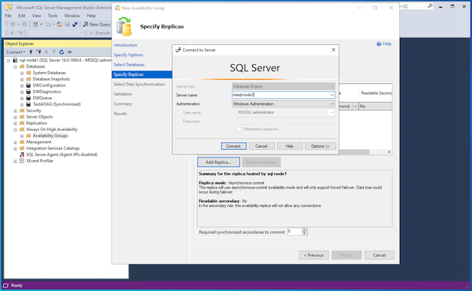 Grupos de disponibilidade Sempre Ativados Novo AG Selecionar Réplica