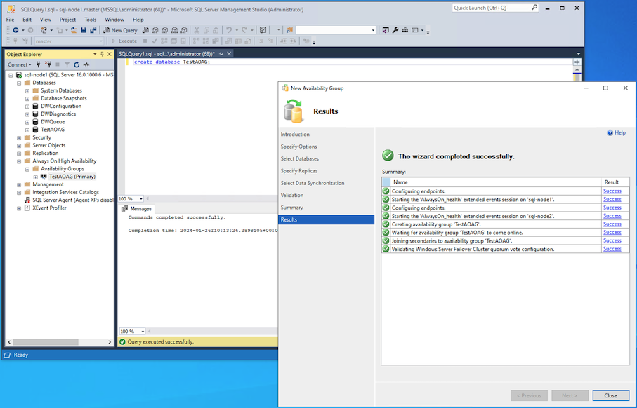 Grupos de disponibilidade Sempre Ativ. Nova Configuração de AG Bem-sucedida