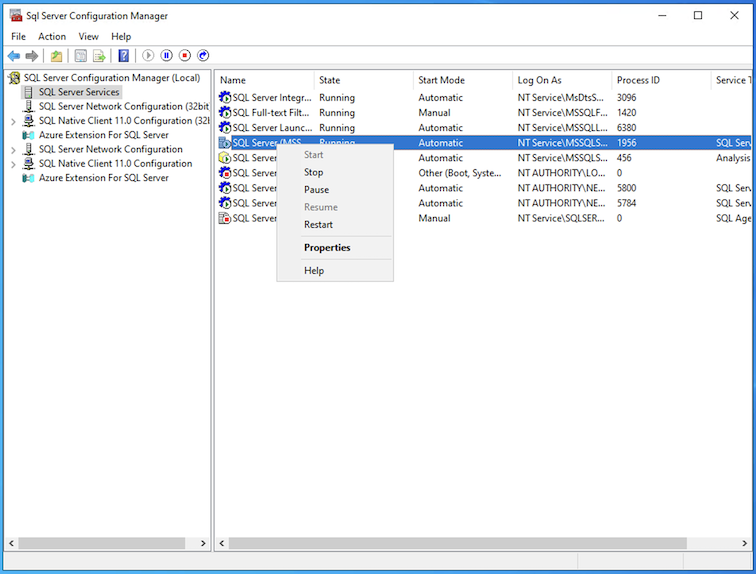 A disponibilidade do Always On agrupa as Propriedades de Serviço do SQL Server
