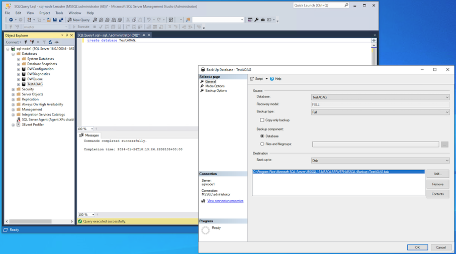 Grupos de disponibilidade Sempre Ativos - Backup Completo do Banco de Dados de Amostra