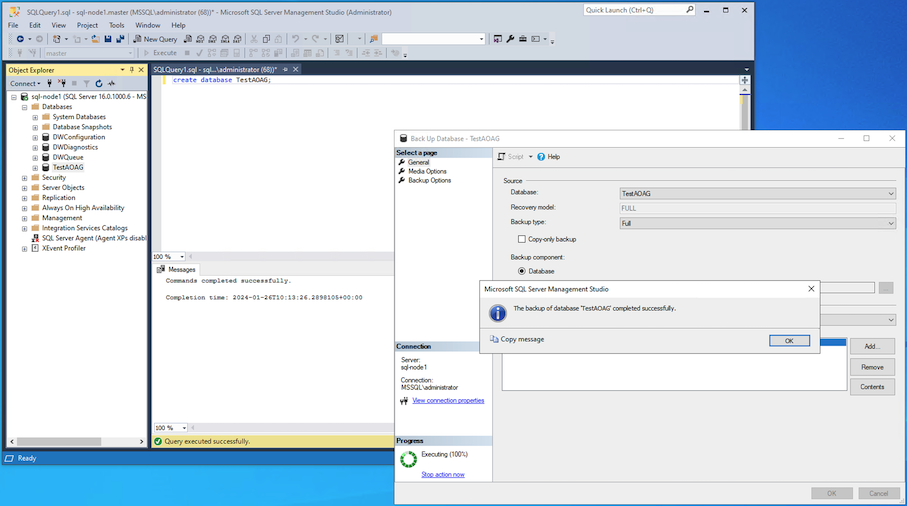 Backup Bem-sucedido do Banco de Dados de Amostra de grupos de disponibilidade Sempre Ativos