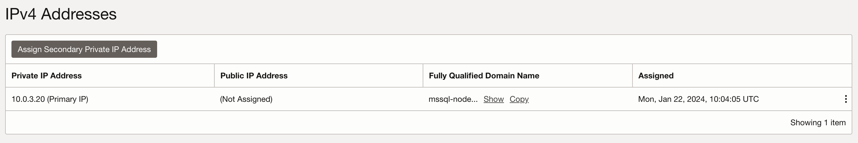 Endereços da VNIC IPv4