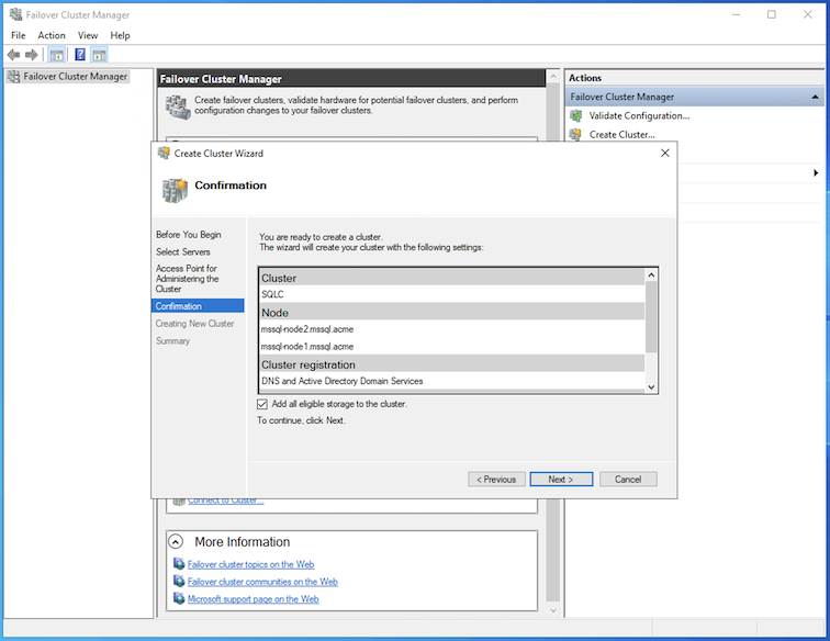 Definições de Confirmação de Criação do Cluster WSFC
